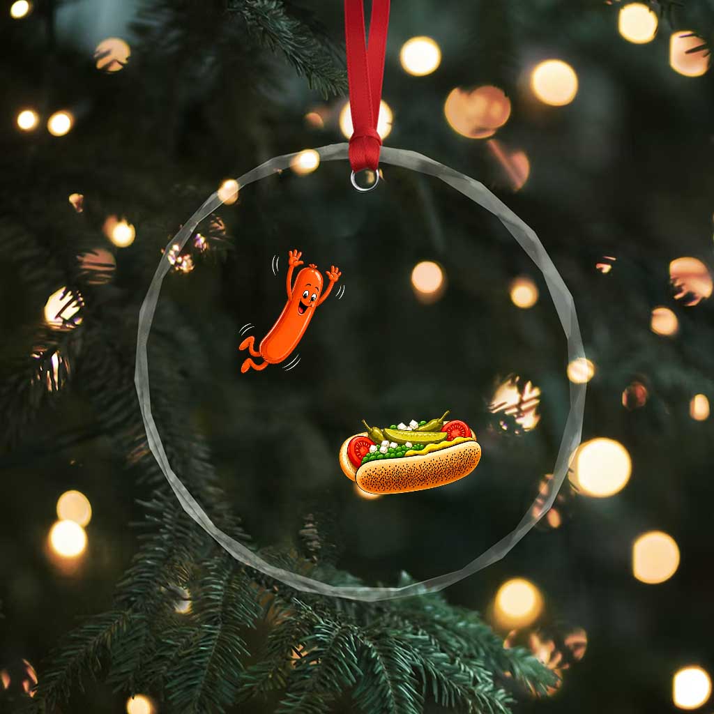 Funny Chicago Style Hot Dog Sausage Jumping Into Bun BBQ Crystal Glass Ornament