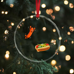 Funny Chicago Style Hot Dog Sausage Jumping Into Bun BBQ Crystal Glass Ornament