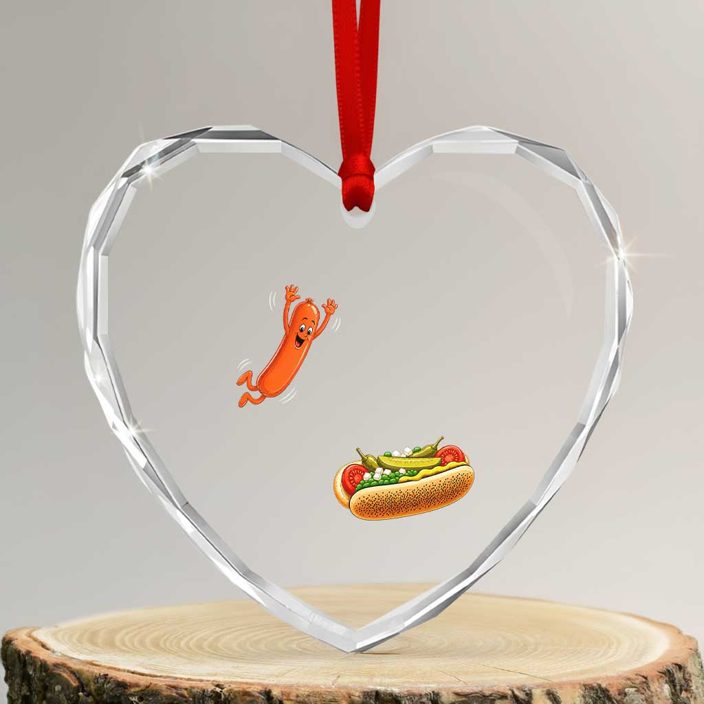 Funny Chicago Style Hot Dog Sausage Jumping Into Bun BBQ Heart Crystal Glass Ornament