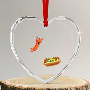Funny Chicago Style Hot Dog Sausage Jumping Into Bun BBQ Heart Crystal Glass Ornament