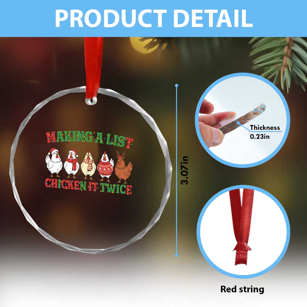 Funny Chicken Christmas Pun Crystal Glass Ornament Making a List Chicken It Twice Cute Holiday Farm Animal TS02 Print Your Wear