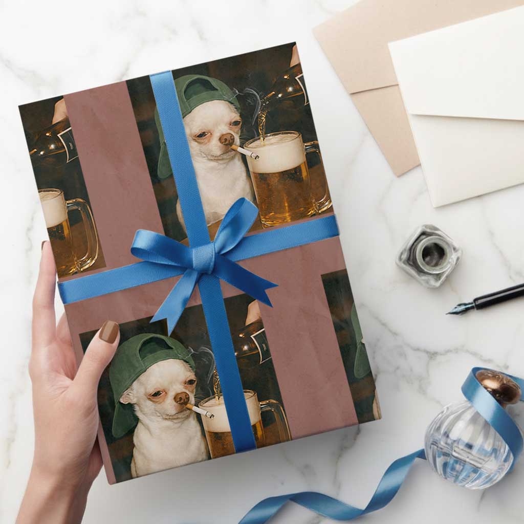 Funny Chihuahua St Patricks Day Meme Wrapping Paper Roll Chihuahua Smoking Irish Beer Lover TS14 Mocha Print Your Wear