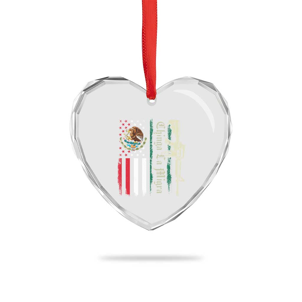 Funny Chinga La Migra Heart Crystal Glass Ornament Gun Vintage Mexican Flag - Print Your Wear