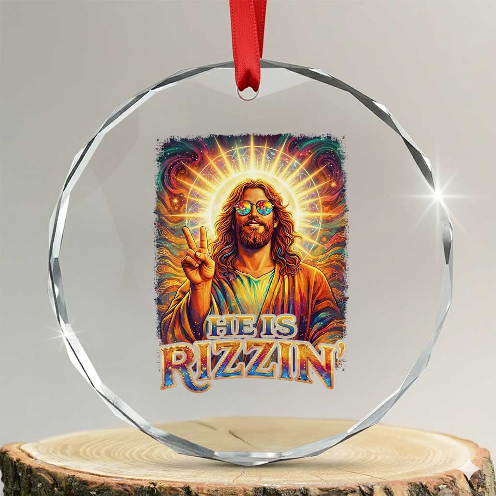 Funny Christian Easter He Is Rizzin Crystal Glass Ornament Trendy Jesus Humor with Sunglasses Faith Based Meme Gift TS02 Transparent Glass 3'' Circle Print Your Wear