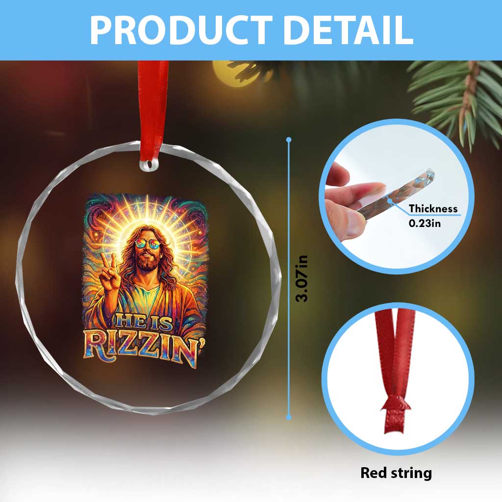 Funny Christian Easter He Is Rizzin Crystal Glass Ornament Trendy Jesus Humor with Sunglasses Faith Based Meme Gift TS02 Print Your Wear