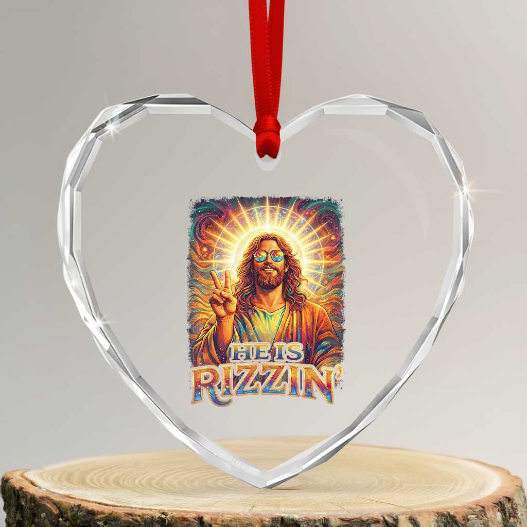 Funny Christian Easter He Is Rizzin Heart Crystal Glass Ornament Trendy Jesus Humor with Sunglasses Faith Based Meme Gift TS02 Transparent Glass 3'' Heart Print Your Wear