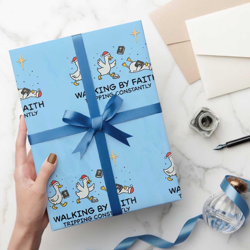 Funny Christian Goose Christmas Wrapping Paper Roll Walking By Faith Tripping Constantly TS14 Light Blue Print Your Wear