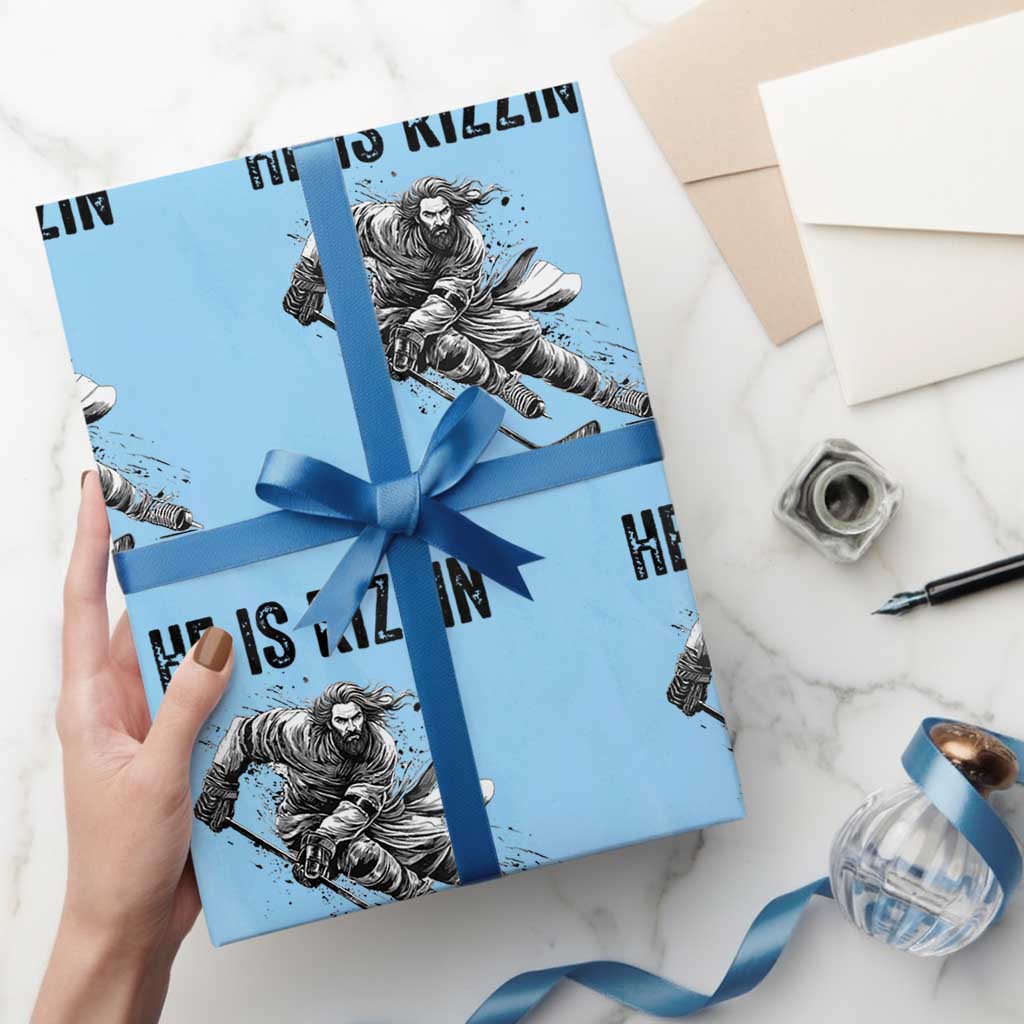 Funny Christian Ice Hockey Lover Gift Wrapping Paper Roll He Is Rizzin TS12 Light Blue Print Your Wear