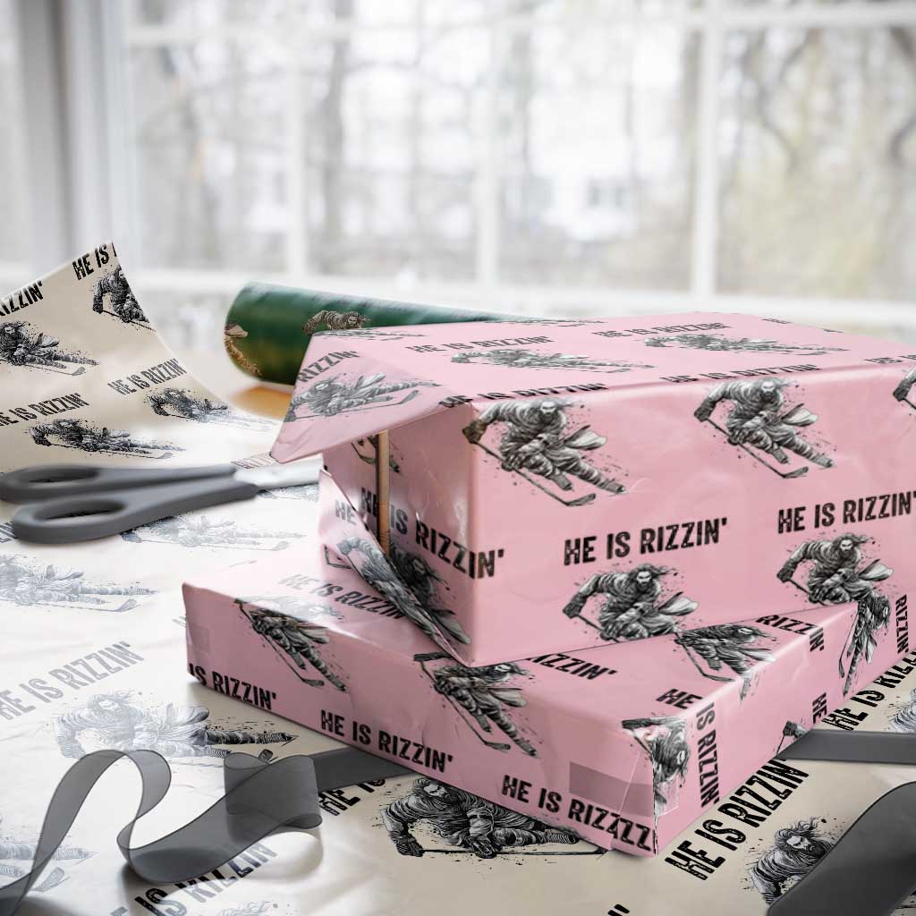 Funny Christian Ice Hockey Lover Gift Wrapping Paper Roll He Is Rizzin TS12 Light Pink Print Your Wear