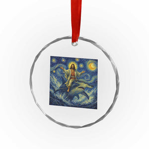 Funny Christian Jesus Riding Hammerhead Shark Crystal Glass Ornament Starry Night Inspired Art