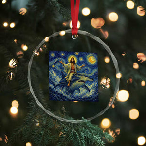 Funny Christian Jesus Riding Hammerhead Shark Crystal Glass Ornament Starry Night Inspired Art
