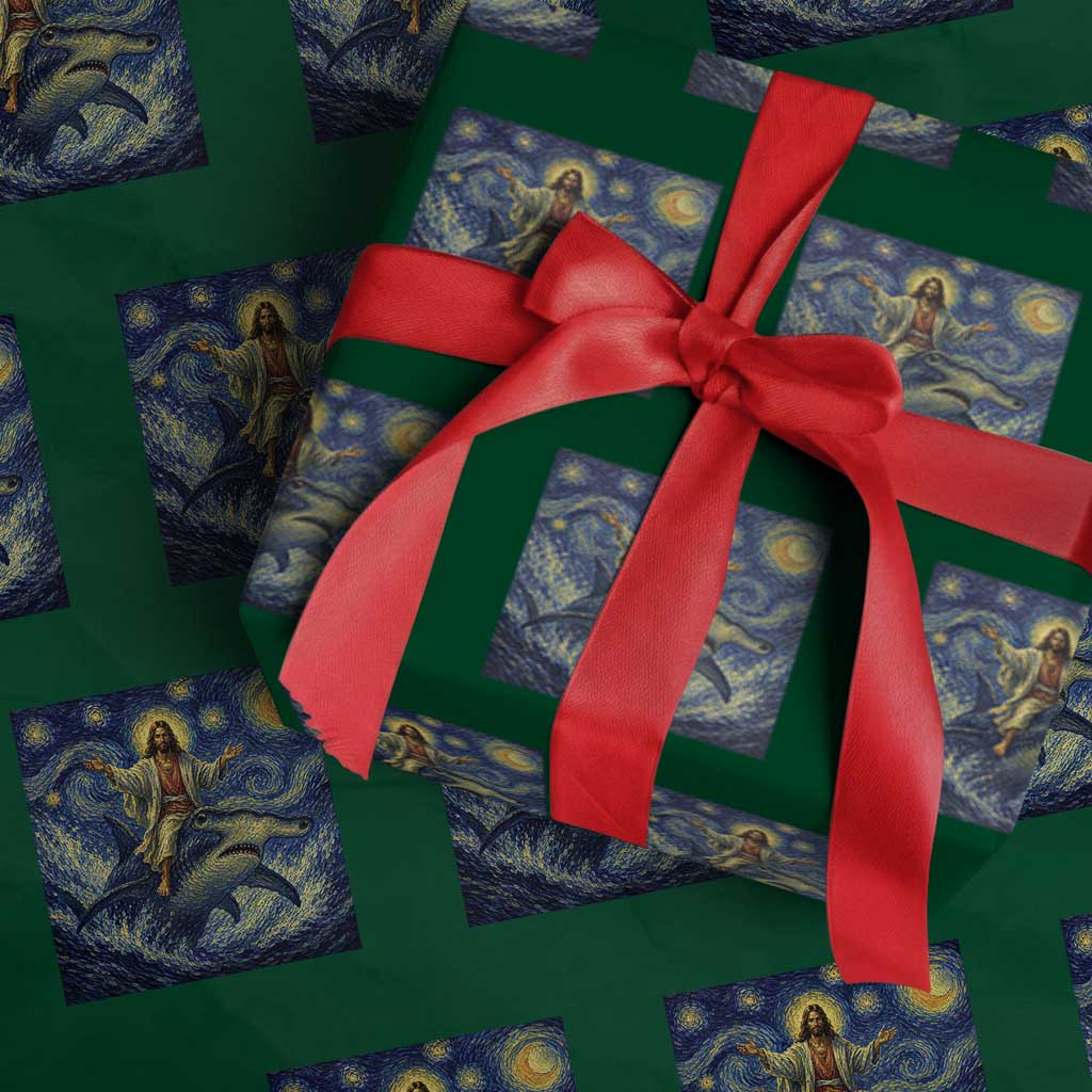 Funny Christian Jesus Riding Hammerhead Shark Wrapping Paper Roll Starry Night Inspired Art