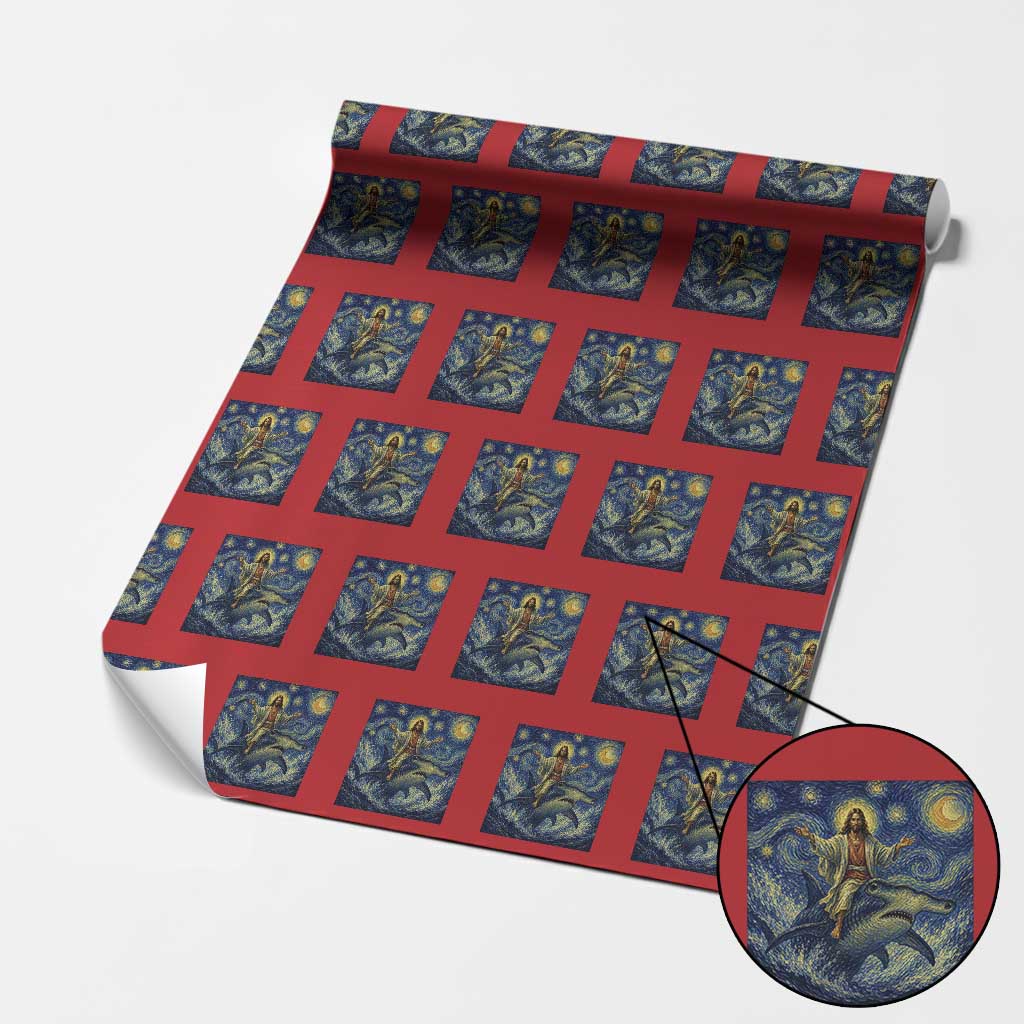 Funny Christian Jesus Riding Hammerhead Shark Wrapping Paper Roll Starry Night Inspired Art