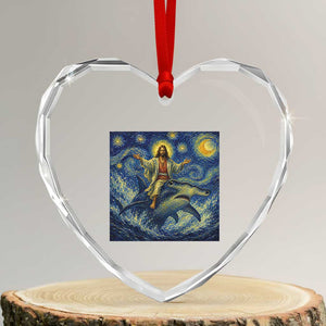 Funny Christian Jesus Riding Hammerhead Shark Heart Crystal Glass Ornament Starry Night Inspired Art
