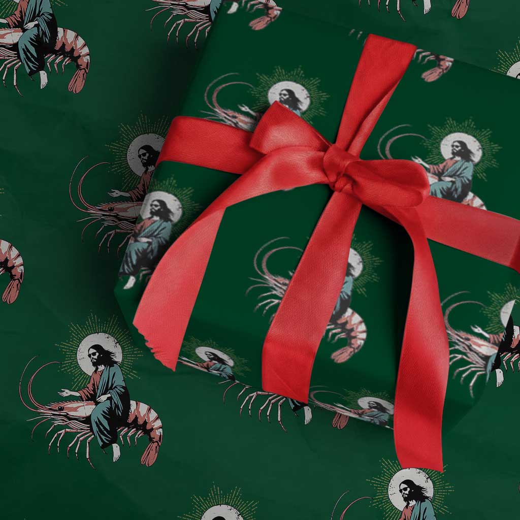 Funny Christian Prawn Wrapping Paper Roll Retro Jesus Riding A Shrimp Meme TS11 Green Print Your Wear