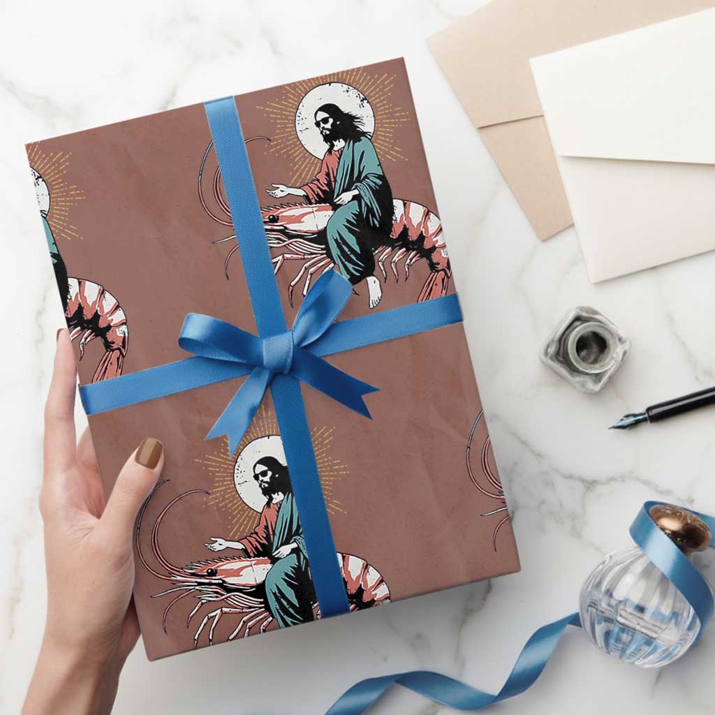 Funny Christian Prawn Wrapping Paper Roll Retro Jesus Riding A Shrimp Meme TS11 Mocha Print Your Wear