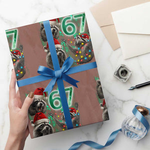 Funny Christmas 67 Meme Racoon Wrapping Paper Roll Howling at The Moon TS10 Mocha Print Your Wear
