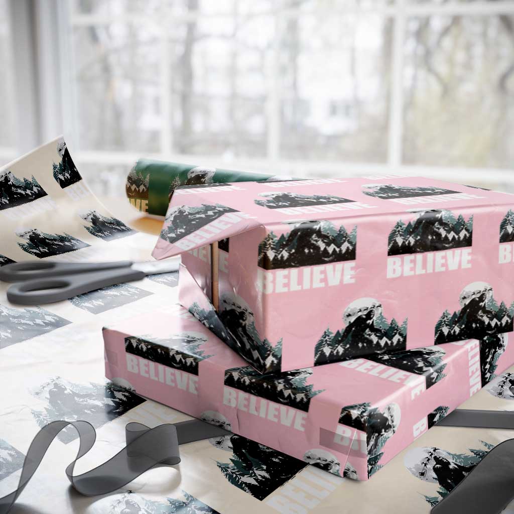 Funny Christmas Bigfoot Wrapping Paper Roll Believe Santa Sasquatch Snow TS11 Light Pink Print Your Wear