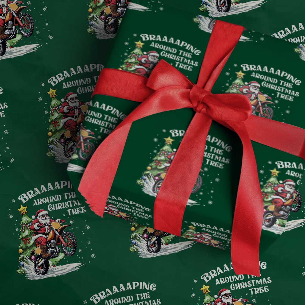 Funny Christmas Biker Wrapping Paper Roll Braaaaping Around The Christmas Tree Dirt Bike Santa TS11 Green Print Your Wear