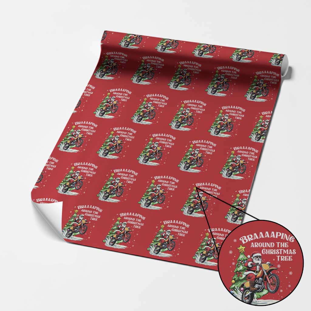 Funny Christmas Biker Wrapping Paper Roll Braaaaping Around The Christmas Tree Dirt Bike Santa TS11 Red Print Your Wear