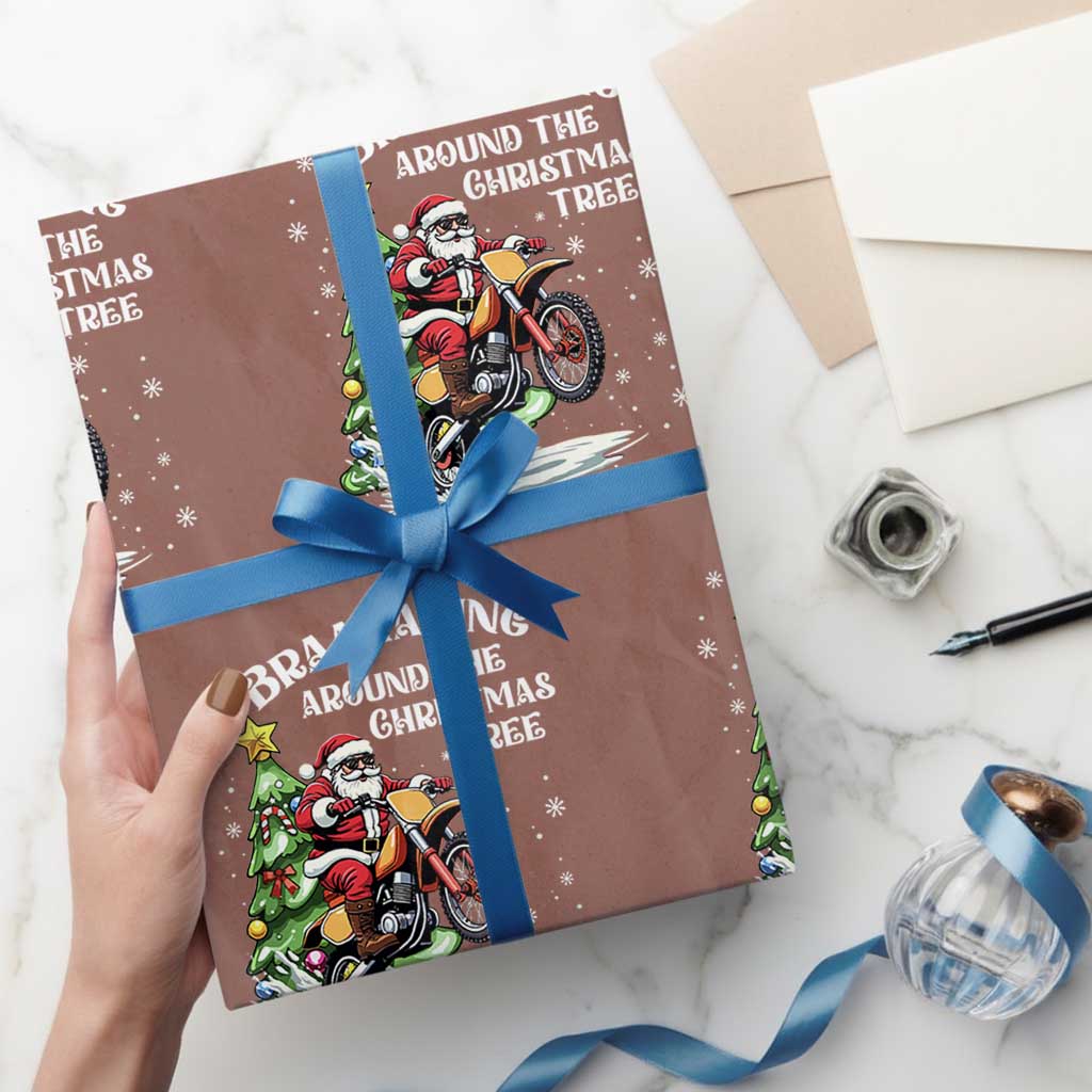 Funny Christmas Biker Wrapping Paper Roll Braaaaping Around The Christmas Tree Dirt Bike Santa TS11 Mocha Print Your Wear
