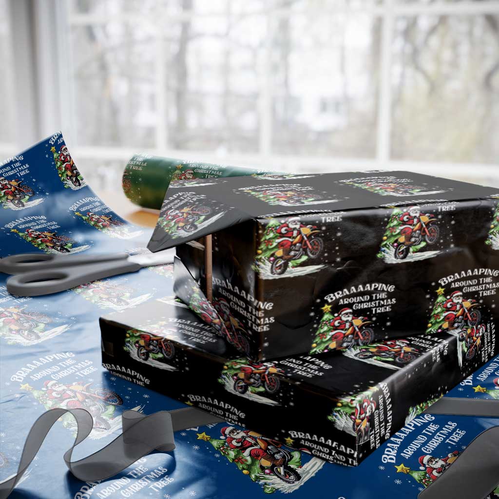Funny Christmas Biker Wrapping Paper Roll Braaaaping Around The Christmas Tree Dirt Bike Santa TS11 Black Print Your Wear