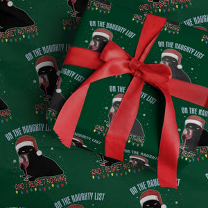 Funny Christmas Black Cat Wrapping Paper Roll On The Naughty List And I Regret Nothing Candy Cane TS11 Green Print Your Wear