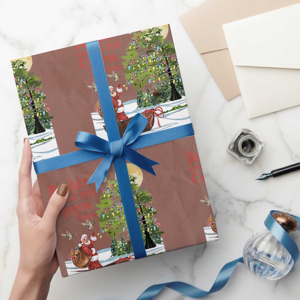 Funny Christmas Cajun Louisiana Wrapping Paper Roll Rockin' Around The Cypress Trees Santa Alligator TS11 Mocha Print Your Wear