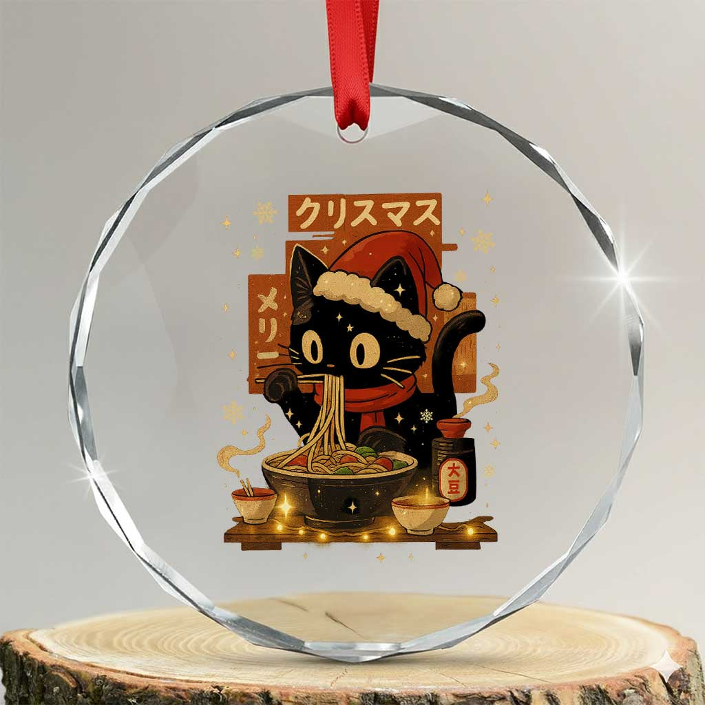 Funny Christmas Cat Ramen Crystal Glass Ornament Xmas Japanese Kawaii Anime Cat TS11 Transparent Glass 3'' Circle Print Your Wear