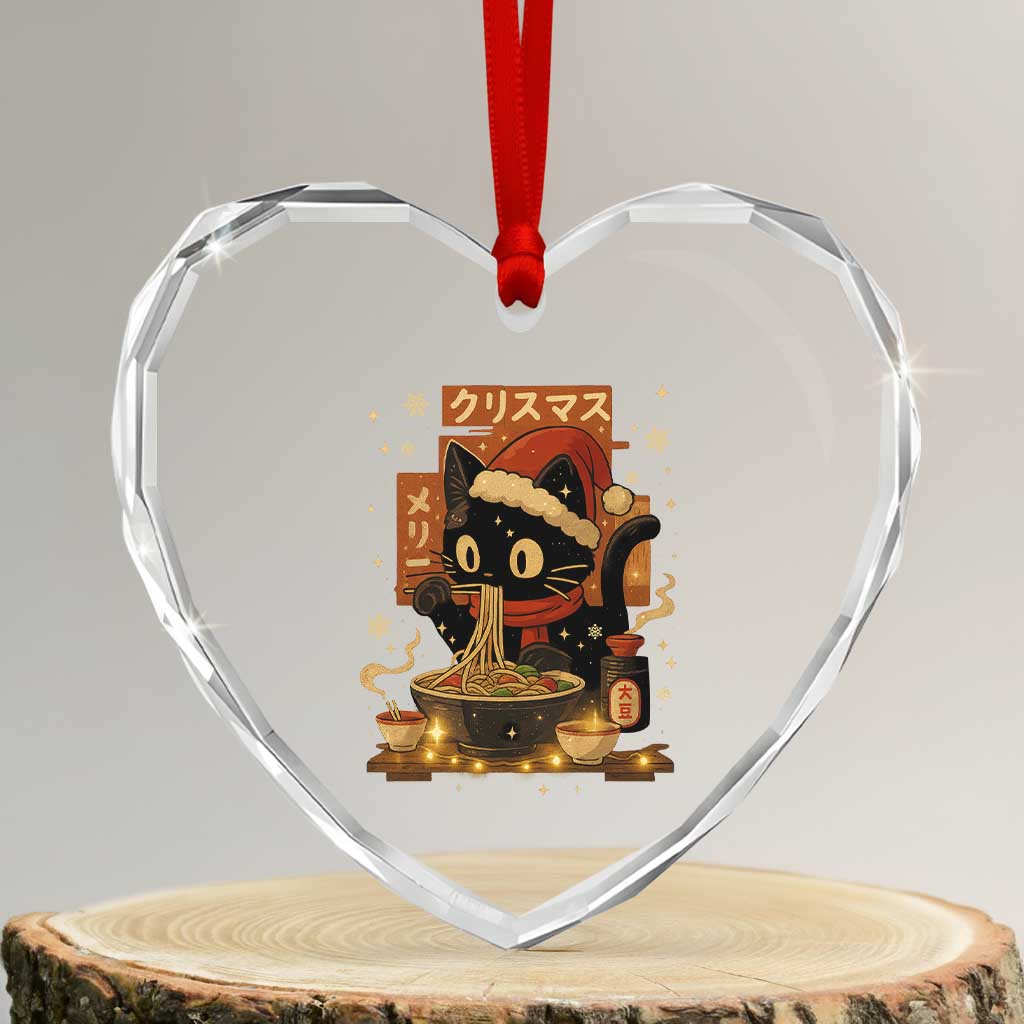 Funny Christmas Cat Ramen Heart Crystal Glass Ornament Xmas Japanese Kawaii Anime Cat TS11 Transparent Glass 3'' Heart Print Your Wear