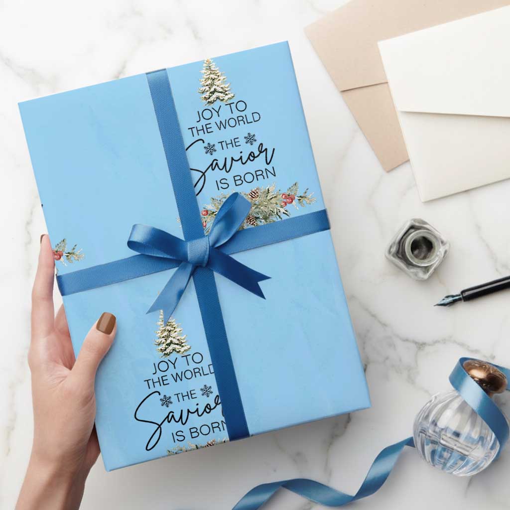 Funny Christmas Christian Faith Wrapping Paper Roll Joy To The World The Savior Is Born Xmas Tree TS11 Light Blue Print Your Wear
