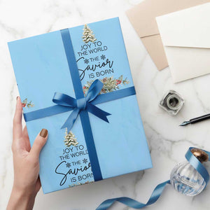 Funny Christmas Christian Faith Wrapping Paper Roll Joy To The World The Savior Is Born Xmas Tree TS11 Light Blue Print Your Wear