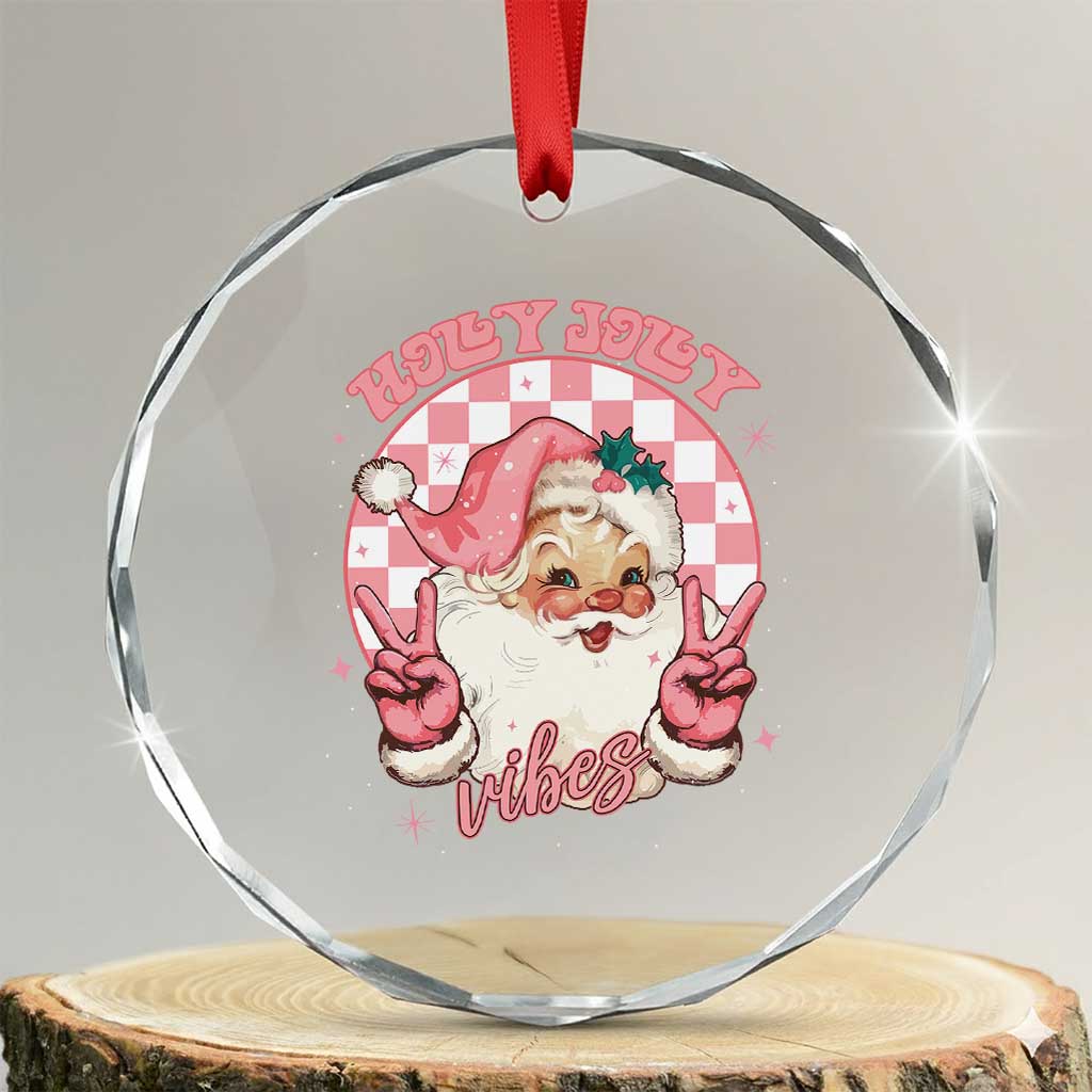 Funny Christmas Crystal Glass Ornament Holly Jolly Vibes Retro Pink Santa TS11 Transparent Glass 3'' Circle Print Your Wear