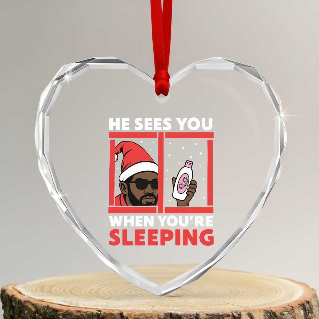 Funny Christmas Diddy Heart Crystal Glass Ornament He Sees You When You Are Sleeping Baby Oil TS11 Transparent Glass 3'' Heart Print Your Wear