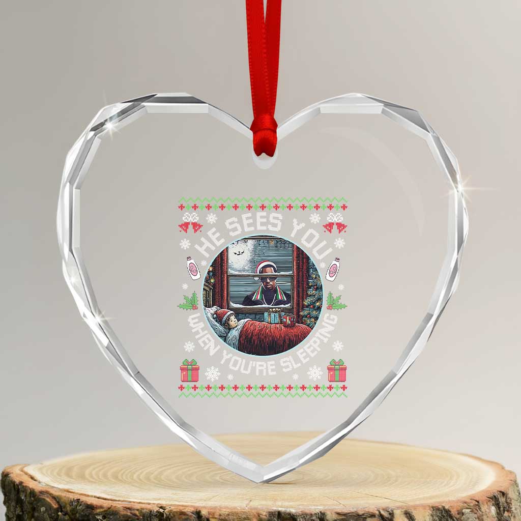 Funny Christmas Diddy Heart Crystal Glass Ornament He Sees You When You Are Sleeping Baby Oil Ugly Xmas TS11 Transparent Glass 3'' Heart Print Your Wear