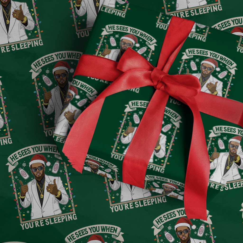 Funny Christmas Diddy Wrapping Paper Roll He Sees You When Youre Sleeping Dirty Xmas Lights TS10 Green Print Your Wear