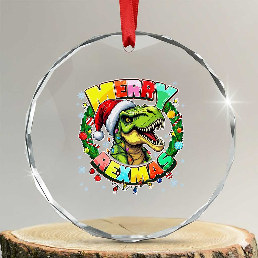 Funny Christmas Dinosaur Crystal Glass Ornament Merry Rexmas Dino Xmas Wreath TS11 Transparent Glass 3'' Circle Print Your Wear