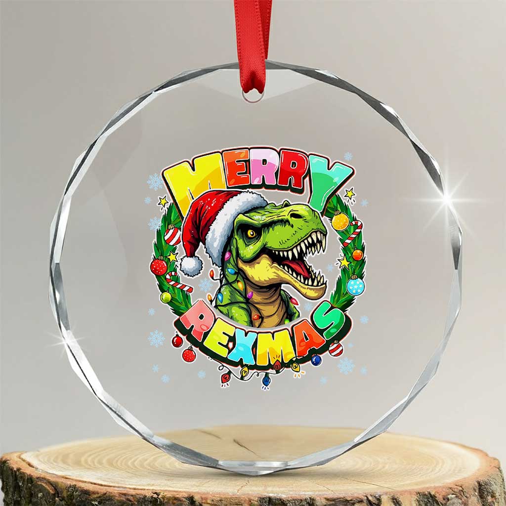 Funny Christmas Dinosaur Crystal Glass Ornament Merry Rexmas Dino Xmas Wreath TS11 Transparent Glass 3'' Circle Print Your Wear