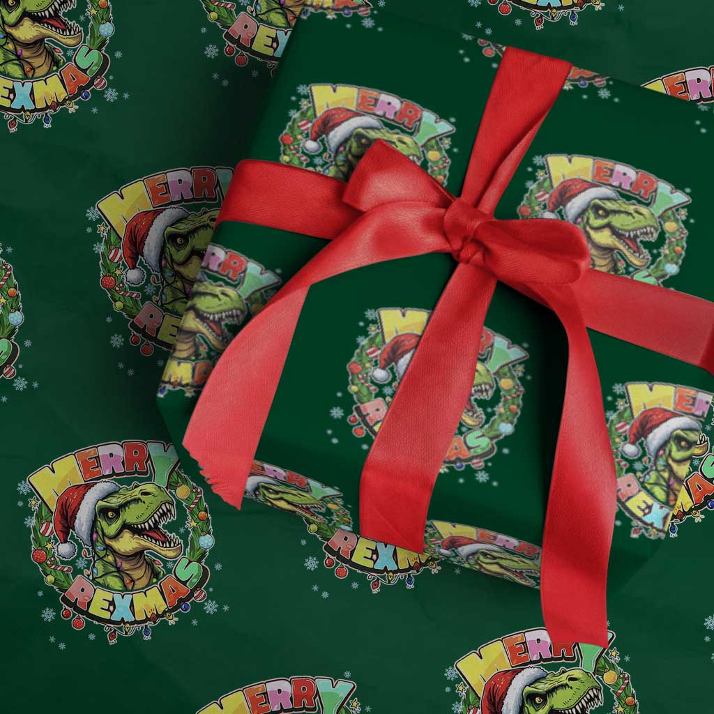 Funny Christmas Dinosaur Wrapping Paper Roll Merry Rexmas Dino Xmas Wreath TS11 Green Print Your Wear