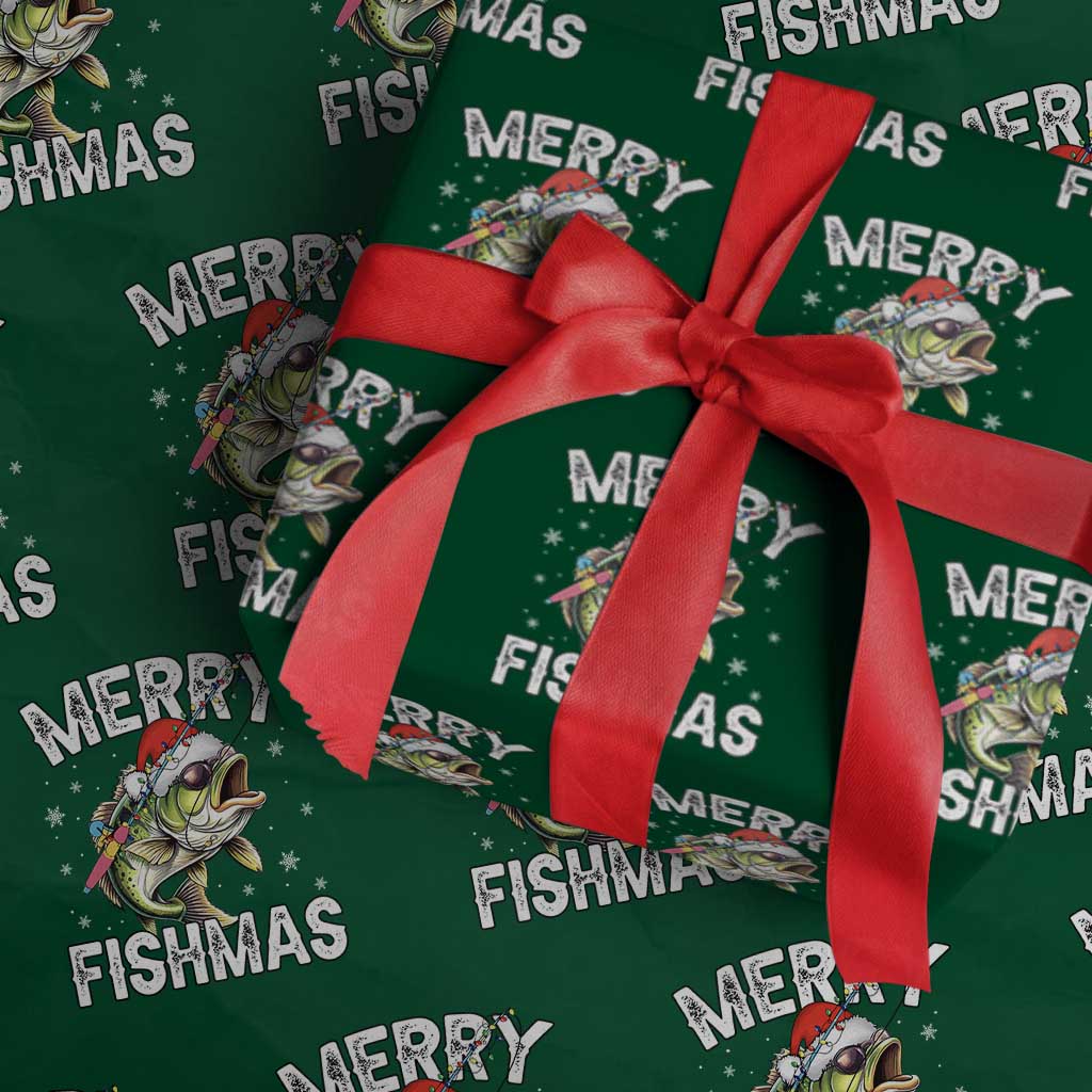 Funny Christmas Fishing Wrapping Paper Roll Merry Fishmas Bass Fish Rod TS11 Green Print Your Wear