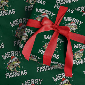 Funny Christmas Fishing Wrapping Paper Roll Merry Fishmas Bass Fish Rod TS11 Green Print Your Wear
