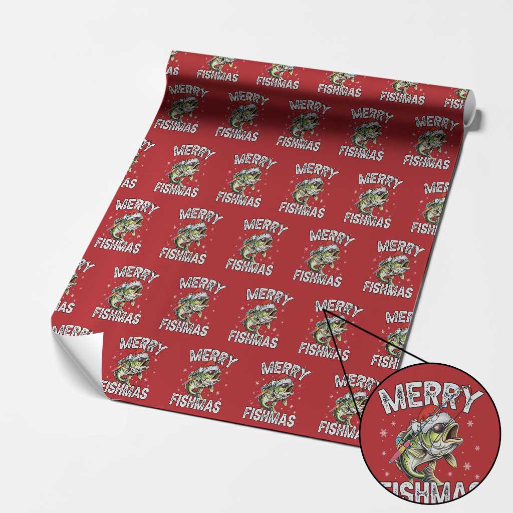 Funny Christmas Fishing Wrapping Paper Roll Merry Fishmas Bass Fish Rod TS11 Red Print Your Wear