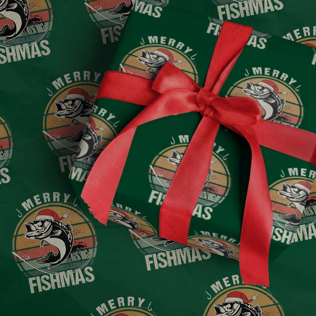 Funny Christmas Fishing Wrapping Paper Roll Merry Fishmas Vintage Sunset Retro TS11 Green Print Your Wear