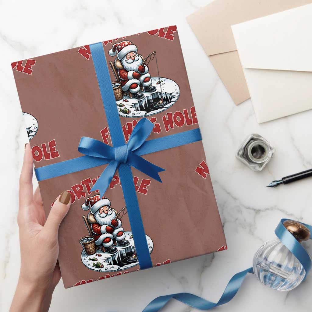 Funny Christmas Fishing Wrapping Paper Roll North Pole Fishing Hole Cute Santa TS11 Mocha Print Your Wear