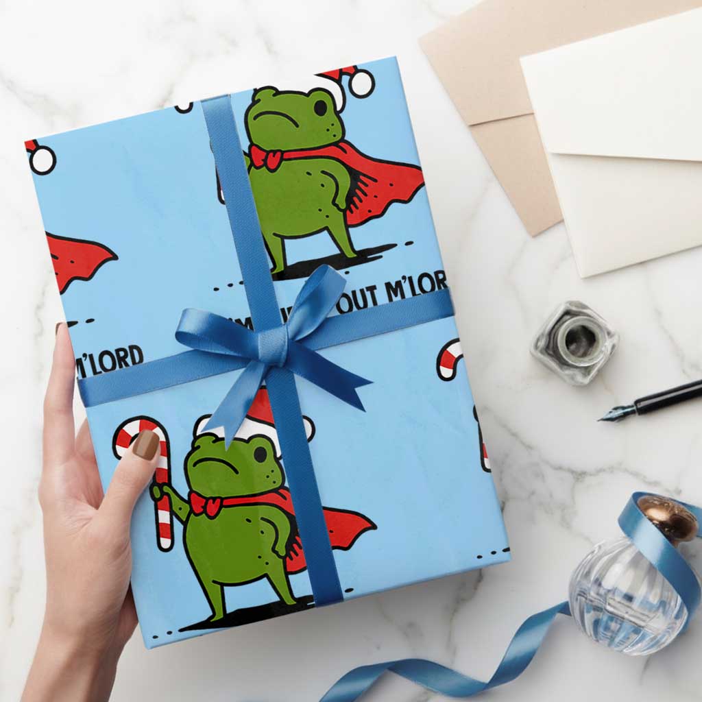 Funny Christmas Frog Knight Wrapping Paper Roll I Am Burnt Out M Lord Medieval Meme Candy Cane TS11 Light Blue Print Your Wear