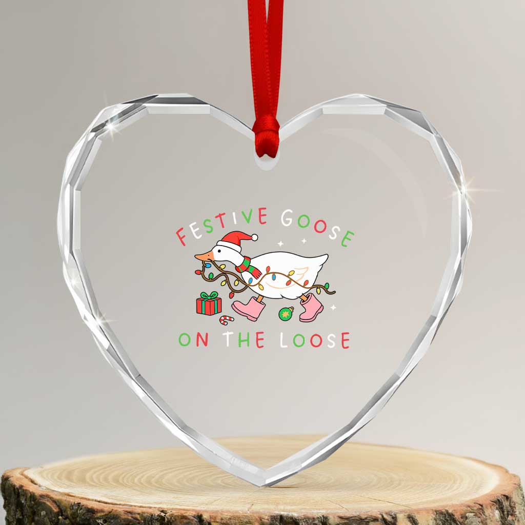 Funny Christmas Goose Heart Crystal Glass Ornament Festive Goose On The Loose Xmas Duck Meme TS10 Transparent Glass 3'' Heart Print Your Wear