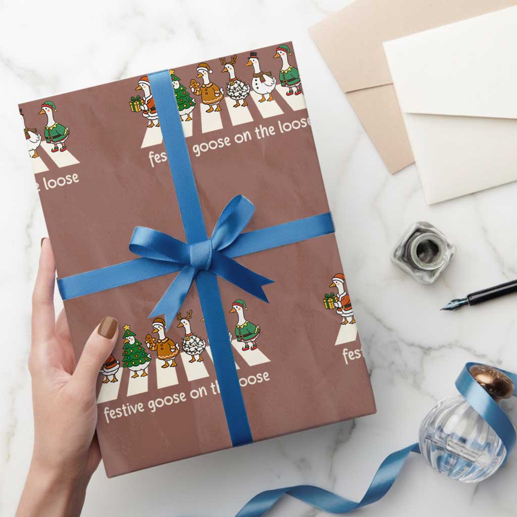 Funny Christmas Goose Wrapping Paper Roll Festive Goose On The Loose Xmas Meme TS10 Mocha Print Your Wear
