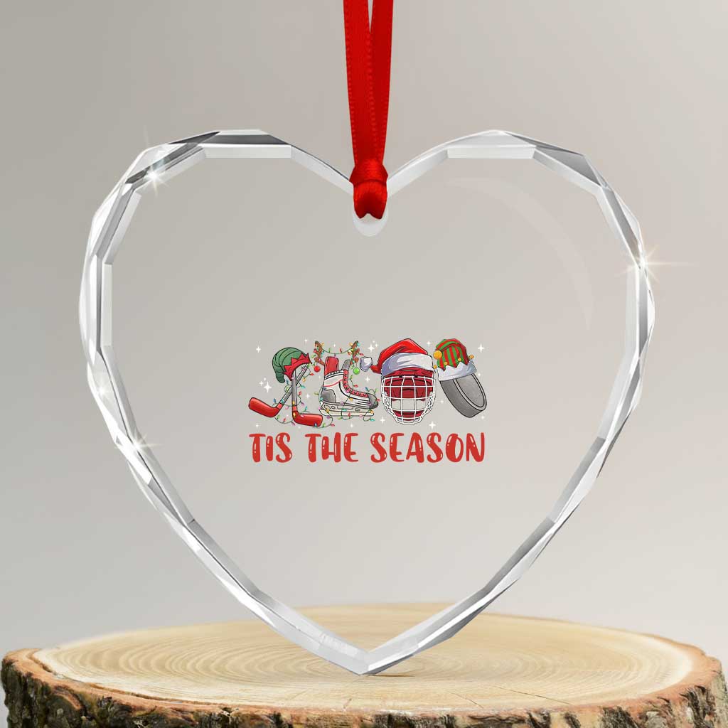 Funny Christmas Ice Hockey Heart Crystal Glass Ornament Tis The Season Santa Elf Hat Hockey Equipment TS11 Transparent Glass 3'' Heart Print Your Wear