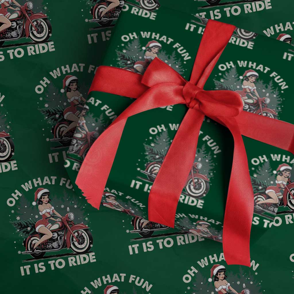Funny Christmas Motorbike Wrapping Paper Roll Oh What Fun It Is To Ride Female Santa Biker TS11 Green Print Your Wear