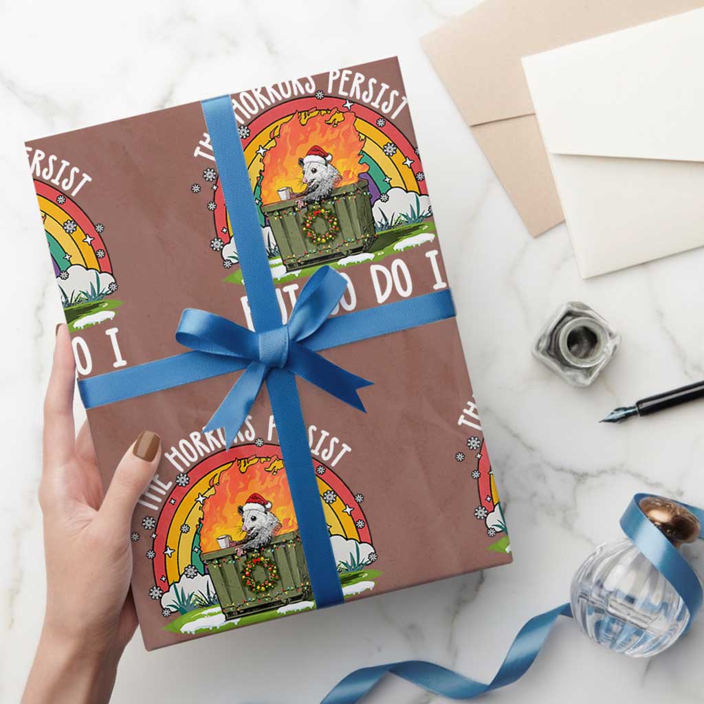 Funny Christmas Opossum Wrapping Paper Roll The Horrors Persist But So Do I Dumpster Fire Rainbow TS11 Mocha Print Your Wear